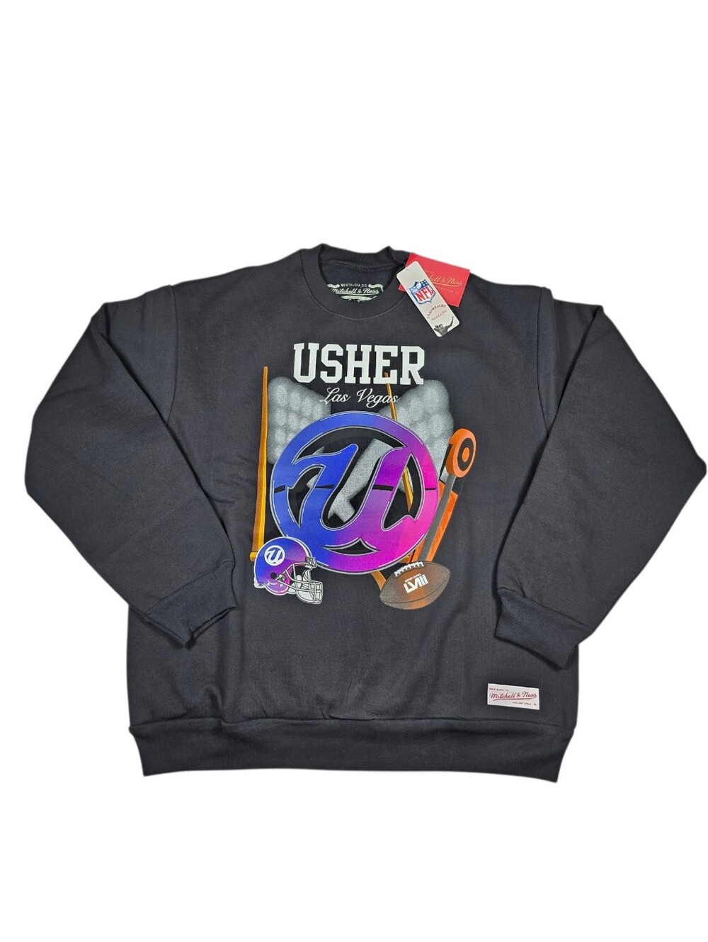 NWT USHER Mitchell & Ness NFL Super Bowl LVIII Las Vegas Black Sweatshirt Size L